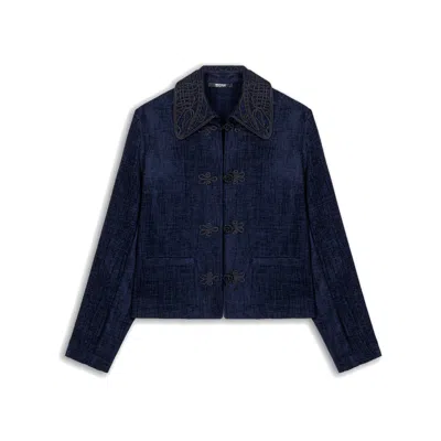 Nocturne Women's Blue Embroidered Collar Chenille Jacket