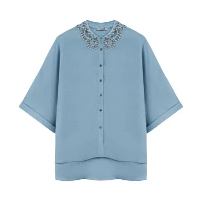 Nocturne Women's Blue Stone Accessory Collar Detail Shirt