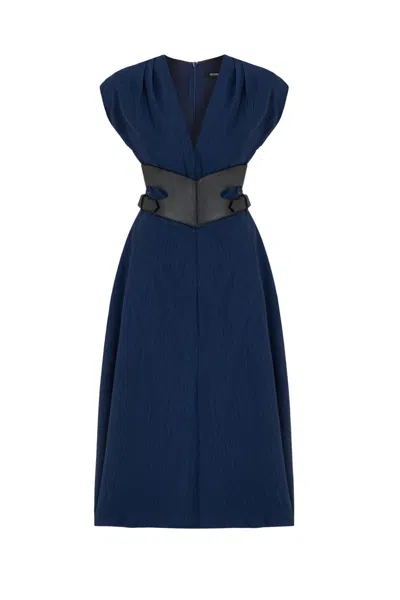 Nocturne Women's Blue V-neck Belted Midi Dress