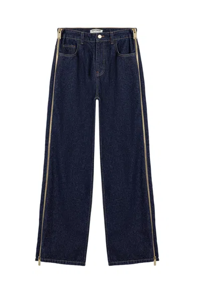 NOCTURNE WOMEN'S BLUE ZIP ACCENT STRAIGHT-LEG DENIM PANTS