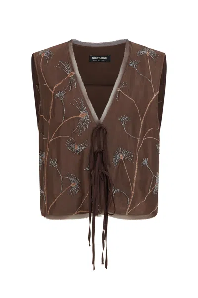Nocturne Women's Brown Coffee Beaded Tie-front Vest
