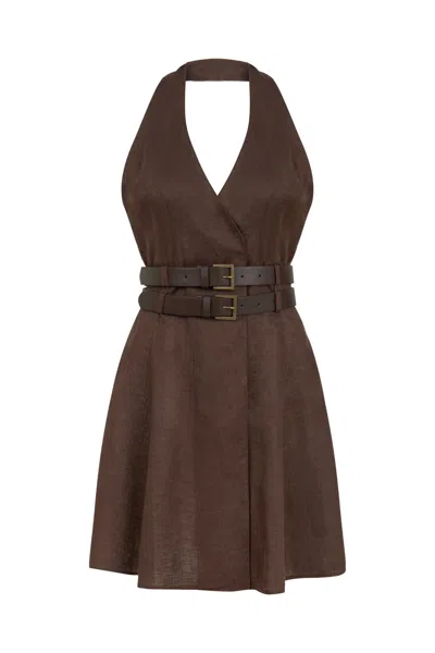 Nocturne Women's Brown Double Belt Detailed Mini Dress