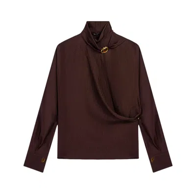 Nocturne Women's Brown Stone Accessory Stand Collar Blouse