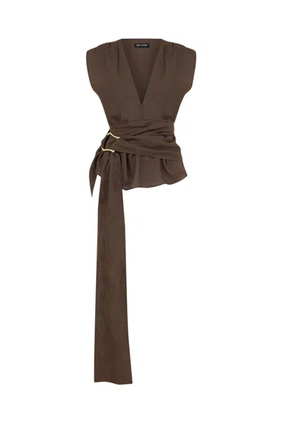 NOCTURNE WOMEN'S BROWN WAIST ACCESSORY DETAILED BLOUSE