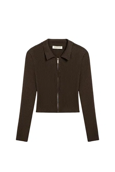 Nocturne Women's Brown Zip-front Ribbed Knit Top