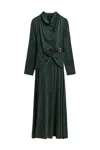 Nocturne Draped Belted Long-sleeve Maxi Dress In Green
