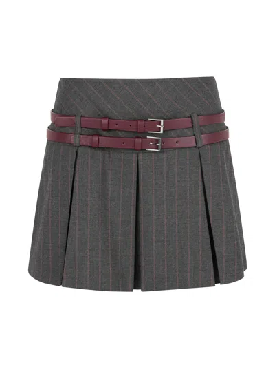 Nocturne Women's Double Belted Pleated Mini Skirt -grey
