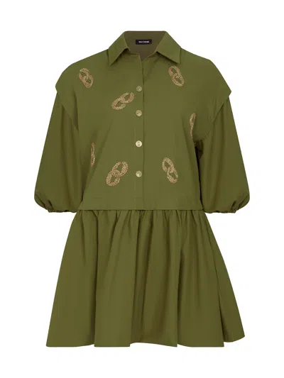 Nocturne Women's Green Embroidered Balloon Sleeve Dress