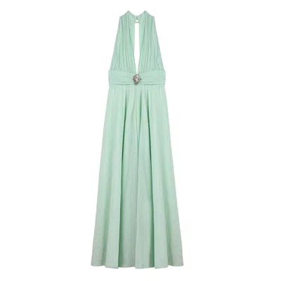 Nocturne Women's Green Mint Pleated Halterneck Maxi Dress With Brooch Detail