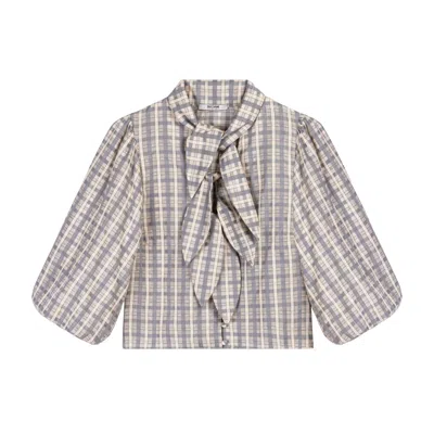 Nocturne Women's Grey Checked Tie Neck Cropped Shirt In Gray