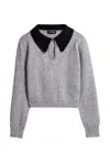 Nocturne Contrast Collar Keyhole Knit Sweater In Gray