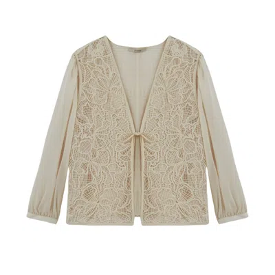 Nocturne Women's Neutrals Beige Lace Front Sheer Sleeve Jacket In Sand