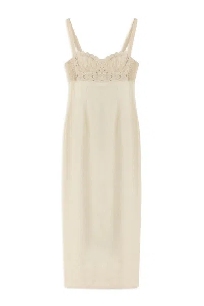 Nocturne Women's Neutrals Ecru Linen Brode Detailed Sweetheart Maxi Dress