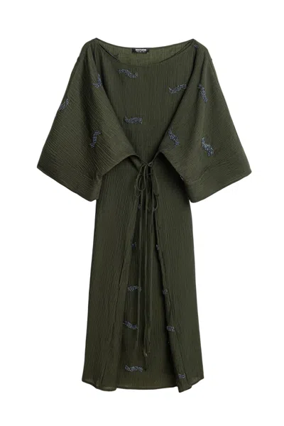 Nocturne Women's Neutrals Embroidered Crinkle-knit Kimono Maxi Dress In Green
