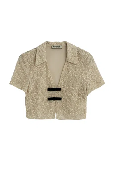 Nocturne Women's Neutrals Pearl Embellished Bow Crop Blouse