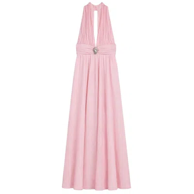 Nocturne Women's Pink Pleated Halterneck Maxi Dress With Brooch Detail