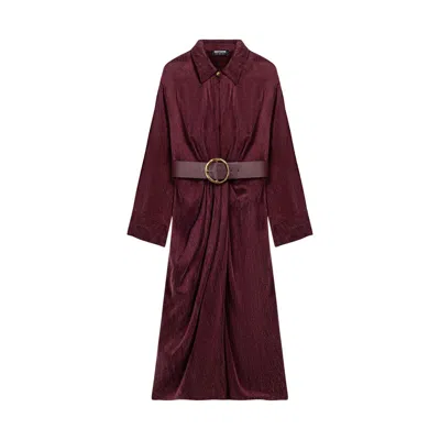 Nocturne Women's Red Burgundy Belted Draped Shirt-collar Maxi Dress
