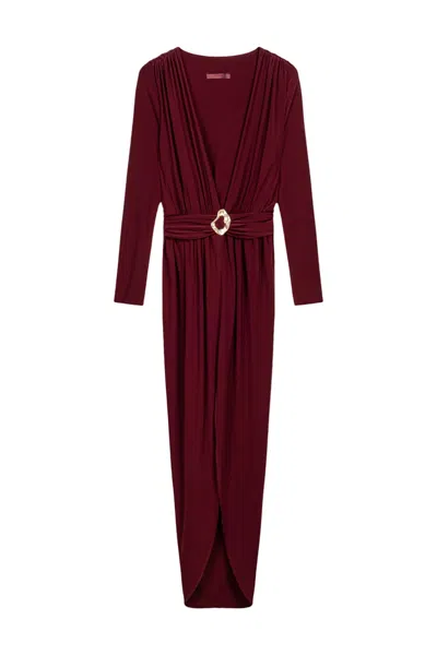 Nocturne Women's Red Burgundy Deep Plunge Belted Jersey Maxi Dress
