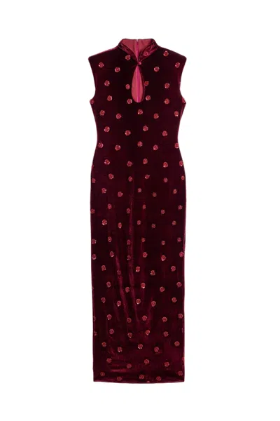 Nocturne Women's Red Mandarin-collar Velvet Midi Dress