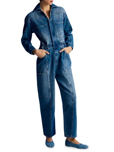 Nocturne Women's Regular Fit Denim Cargo Jumpsuit In Navy