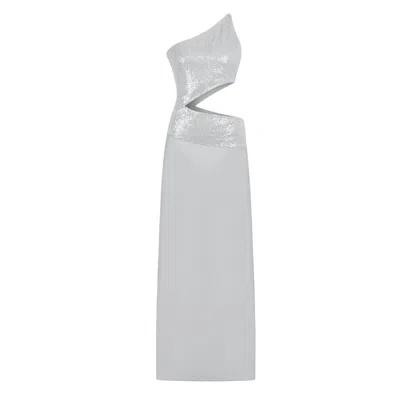 Nocturne Sequin One Shoulder Cutout Maxi Dress In Silver