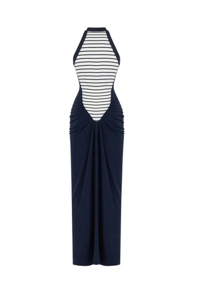 Nocturne Stripe Draped Halter Neck Maxi Dress In Blue