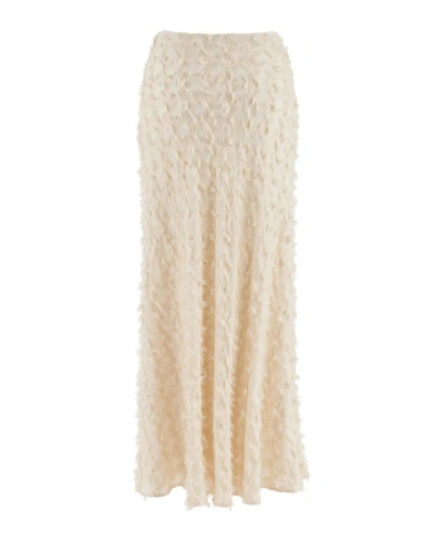 Nocturne Women's White Tasseled Long Skirt-ecru