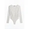 Nocturne Embellished V-neck Long-sleeve Bodysuit In White