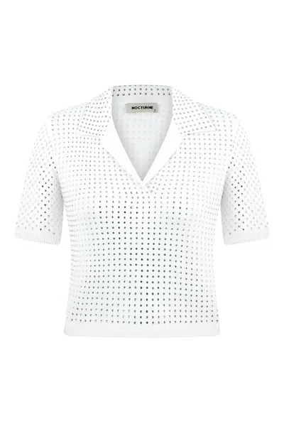 Nocturne Women's White Rhinestone Embroidered Knitwear Top-ecru