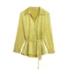Nocturne Women's Yellow Belted Shirt With Statement Buttons In Green