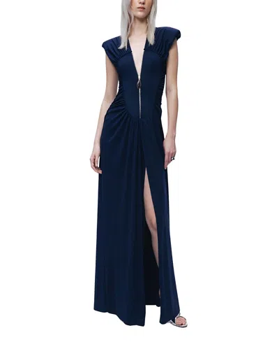 Nocturne Zip-front Draped Maxi Dress In Blue