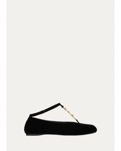 Nodaleto Velvet T-strap Ballerina Flats In Black