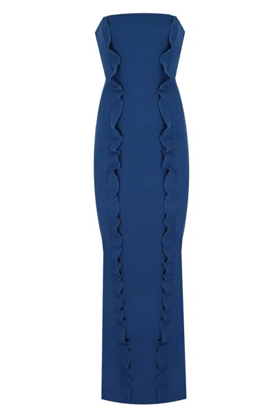 No'design Women's Blue Ruffled Strapless Maxi Dress