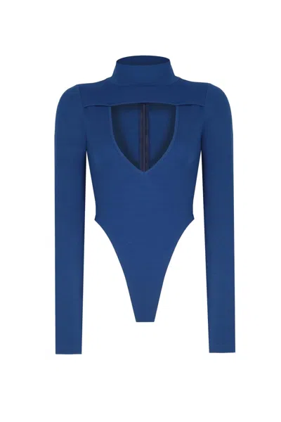 No'design Women's Blue Turtleneck Bodysuit With Cleavage Detail