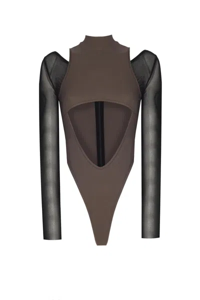 No'design Women's Green Long Sleeve Cut-out Khaki Bodysuit In Brown