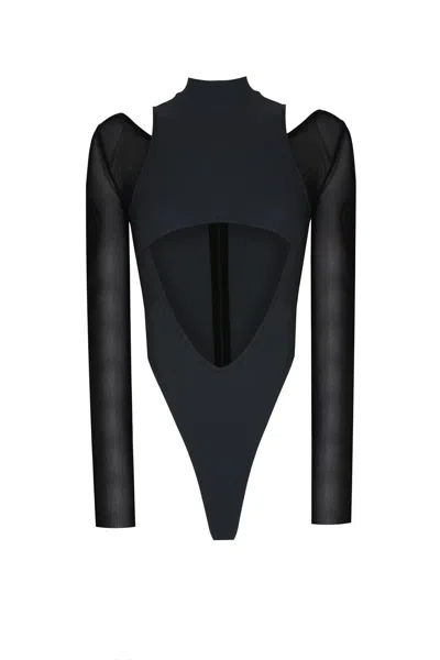 No'design Women's Long Sleeve Cut-out Navy Blue Bodysuit In Black