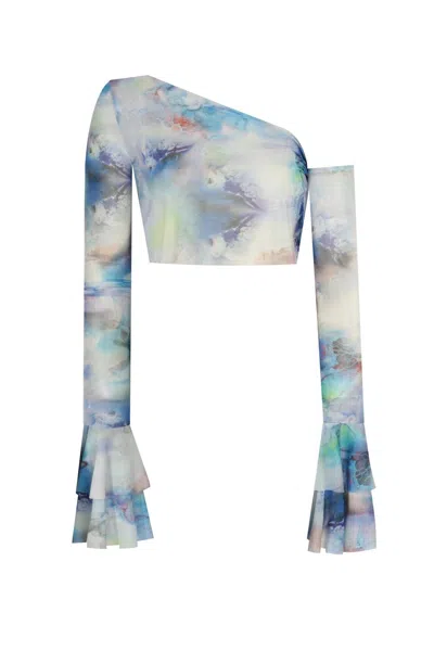 No'design Women's Sheer Crop Top With Ruffled Sleeves Blue In Multi