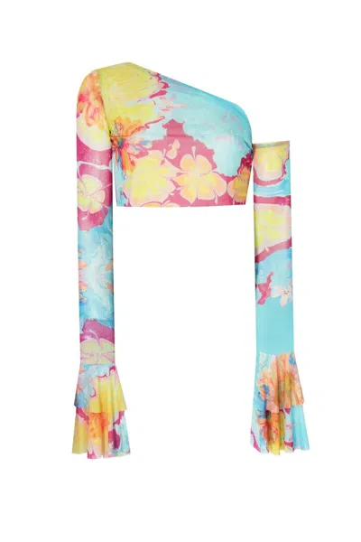 No'design Women's Sheer Crop Top With Ruffled Sleeves Multicolour