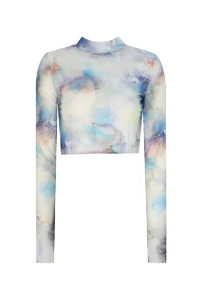 No'design Women's Sheer Turtleneck Crop Top Blue