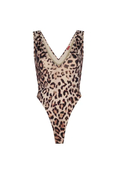 No'design Women's V-neck Thick Strap Leopard Bodysuit In Brown