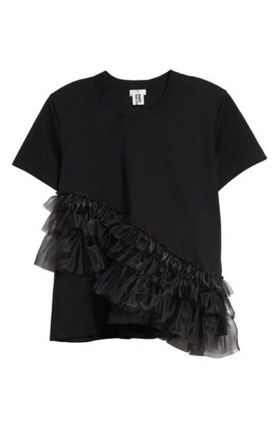 Noir Kei Ninomiya Asymmetric Ruffle Organza Detail Cotton T-shirt In Black