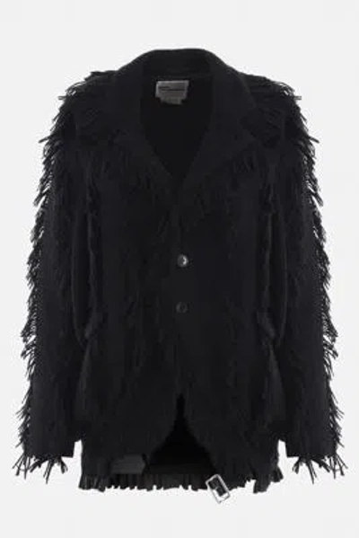 Noir Kei Ninomiya Fringe-detailing Wool-blend Blazer In Black