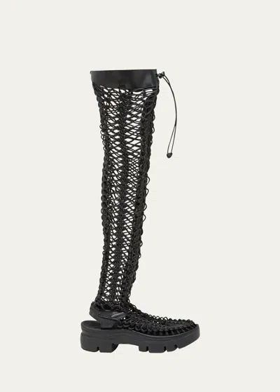 Noir Kei Ninomiya Leather Net Over-the-knee Lace Boots In Black