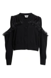 NOIR KEI NINOMIYA RUFFLE MIXED MEDIA COLD SHOULDER CARDIGAN