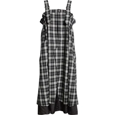 Noir Kei Ninomiya Suspender Strap Check Wool Gabardine Midi Dress In Black X White