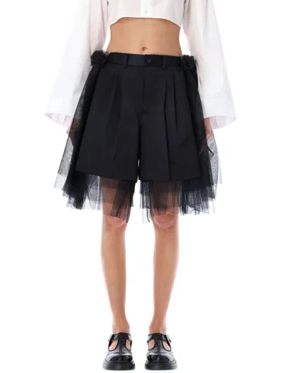 Noir Kei Ninomiya Tulle-overlay Tailored Shorts In Black