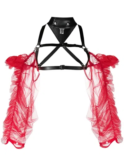 Noir Kei Ninomiya Tulle-sleeve Leather Harness Top In Red