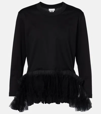 Noir Kei Ninomiya Tulle-trimmed Cotton Jersey Top In Schwarz