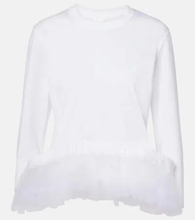 Noir Kei Ninomiya Tulle-trimmed Cotton Jersey Top In Weiss