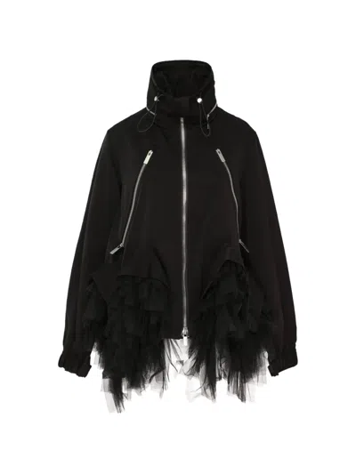 Noir Kei Ninomiya Tulle-ruffled Zip-up Jacket In Black